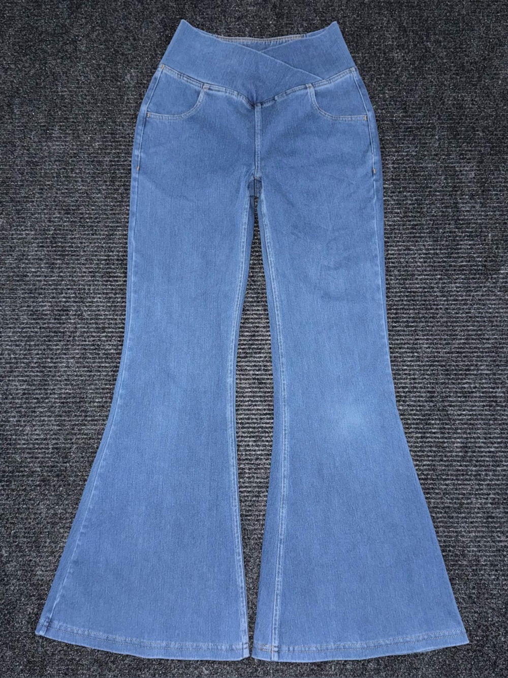 Halara Pull On Flare Jeans Sz XS Petite Blue Flex Crossover Waistband High Waist